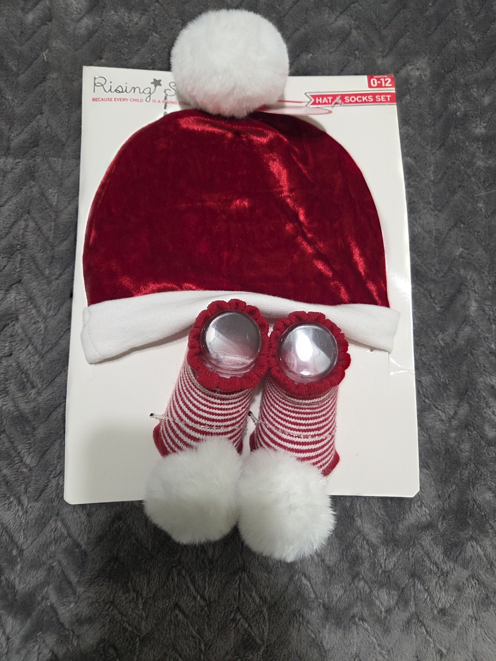 Rising Star Red & White Velvet Pom Hat with Striped Sock Set